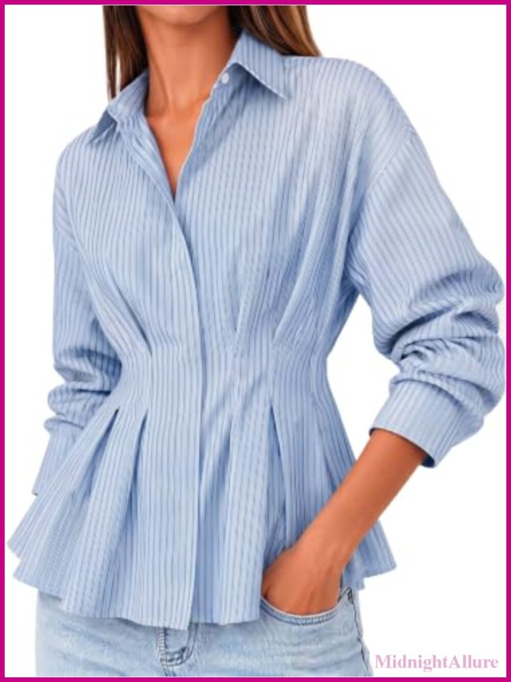 Striped Peplum Button Down Blouse Long Sleeve Business Casual Pleated Top